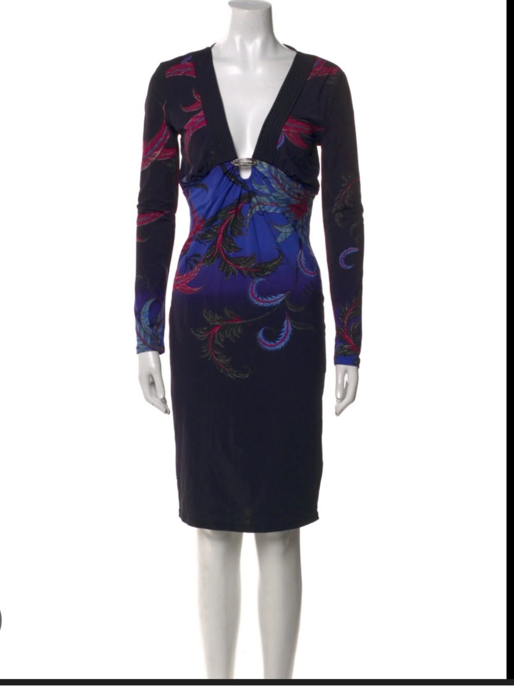 Roberto Cavalli Black Dress with Blue, Purple & Pink Feather Print